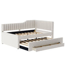 Full Size Upholstered Daybed with Trundle and Three Drawers, Beige