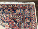 Persian Rug 9x10, Hamadan Rug, Antique Oriental Carpet, Wool Rug, Semi Open Field, Cream and Navy Blue, Kirman Design Hand Knotted Almost Square Rug