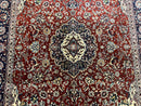 Fine Sino Persian Rug 7x10 ft, Floral Central Medallion Oriental Carpet, Red Navy Blue Cream, Hand Knotted Wool Traditional Vintage Rug