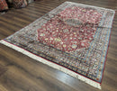Indian Kashmiri Silk Rug 6x9, Red and Navy Blue, Floral Medallion, Fine 275 KPSI