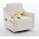 cream white fabric swivel rotating accent chair with USB and magazine book for living room and hotel bed room