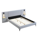 Chic Linen Upholstered Bed with Integrated Lights and Shelves, Grey, Queen