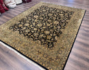 Indo Persian Rug 8x10, Black and Green, Wool, Handmade, Traditional, Floral Allover, Vintage