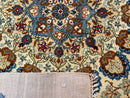 Persian Kashan Rug 9 x 12.6, Ivory and Blue, Floral Medallion, Wool Hand Knotted Semi Antique Carpet
