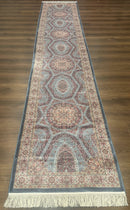 Turkish Silk Runner Rug 2.6 x 13, Blue Runner Rug, Dome Design, Bamboo Silk, New