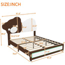 Full Size Upholstered Platform Bed with Bear Shaped Headboard, LED Light Strips, White + Brown