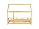 Twin Size House Floor Wooden Bed with Roof Frame,Safety Guardrails,Natural