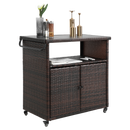 Outdoor Wicker Bar Cart, Patio Wine Serving Cart w/Wheels , Rolling Rattan Beverage Bar Counter Table w/Glass Top for Porch Backyard Garden Poolside Party, Light brown