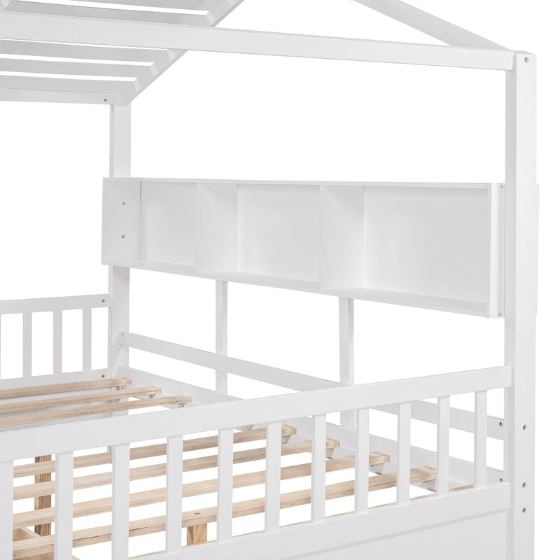 Wooden Full Size House Bed with 2 Drawers,Kids Bed with Storage Shelf, White