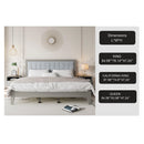 Mid-Century Modern Solid Wood Platform Bed with Upholstered Headboard in Grey, Rubber Wood, Queen Size