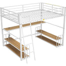 Full Size Metal Loft Bed with Desk, Storage Shelves and Charging Station, White
