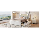 Queen Size Rattan Headboard Bed with Two Drawers and Trundle, White