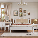 3 Pieces Bedroom Set with Queen Size Wooden Bed Frame, 1 Vintage  Nightstand and 1 Makeup Vanity Set with Stool,White