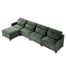 Stylish Green Four-Seater Sofa with Movable Ottoman, Ergonomic Design, Chenille Fabric, Wooden Base