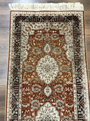 Turkish Silk Narrow Runner Rug 2 x 5.8, Very Fine 340 KPSI, Floral Medallions, Red