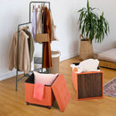Orange Faux Leather Storage Ottoman With Wooden Tray