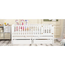 Full Size Wood Daybed with Fence Guardrails and 2 Drawers, Split into Independent Floor Bed & Daybed, White