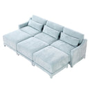 Ergonomic Three-Seater Sofa with Movable Ottomans and Lumbar Pillow in Sky Blue Chenille