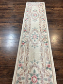 Chinese Aubusson Runner Rug 2.4 x 11, Hand Tufted Beige Floral European Design Hallway Rug, Elegant Rug, Vintage Wool Rug 11ft Long