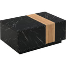 Modern 35.4 x 23.6 Inch Two-tone Coffee Table with Faux Marble and Walnut Wood Grain Finish, Rectangular Center Table with 2 Storage Drawers, Practical Cocktail Table for Living Room, Black