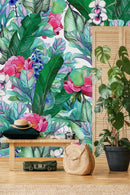 Green Leaves Wallpaper with Pink Flowers