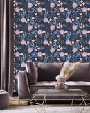 Modish Dark Blue Wallpaper with Pink Flowers Chic