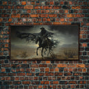 Ghost Cowboy Art, Framed Canvas Print, Halloween art, spooky decor, cowboy art, western decor, grim reaper on a horse in the desert