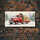 Christmas Tree Delivery - Retro Farmhouse Christmas Decor - Old Red Truck Delivering Christmas Trees - Framed Canvas Print - Holiday Decor
