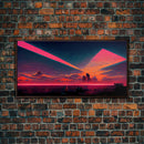 Cyberpunk lake art, city canvas, video game concept art, living room wall art, dystopian art, outrun city at sunset, man cave canvas print