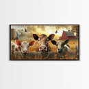 Cute cows peeking through barn fence, Framed Canvas Print, ideal for farmhouse living room, country style wall art decor