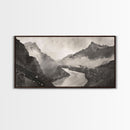 River Flowing through Mountain Valley, Black and White Framed Canvas Print for Farmhouse Bedroom Wall Art, Home Decoration, Scenic Nature