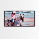 Cowgirl in Pink Shirt Riding Horse by the Sea, Beautiful Framed Canvas Print, Coastal Living Room Art, Beach Bedroom Decor, Horse Art