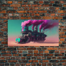 Futuristic Steampunk / Cyberpunk Mashup Art, Steampunk Riverboat In A Desert, Framed Canvas Print, Scifi Wildwest Decor