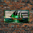 Emerald Green and Gold Art Deco Sail Boat, Framed Canvas Print, Retro MCM Style Wall Art, Midcentury Modern, Vintage Style, Stained Glass