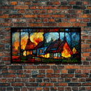 Stained Glass Cottage On Fire, Canvas print, negative art, house on fire depicted in stain glass, cool wall art