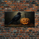 Halloween Decor, Spooky Crow Print, The Raven and The Jack O Lantern, Halloween Wall Art, Victorian Oil Painting, Dark Academia, Goth Art