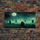 Halloween Cemetery At Night, Full Moon, Spooky Creepy Graveyard, ready to hang canvas print wall art