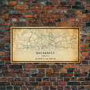 Vintage Style Bucharest City Map Wall Art Canvas Print, Distressed Bucharest Map, Framed Wall Art, Cool RomaniaTravel Wall Art, Office Art