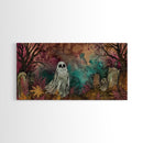 Cute Ghost In The Cemetery, Framed Canvas Print, Halloween Wall Decor, Halloween Trinkets