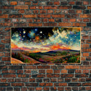 Night Starry Sky Landscape Framed Canvas Print, Colorful Night Sky Painting Nature Painting Living Room Wall Art Spiritual Starry Painting