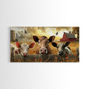 Cute cows peeking through barn fence, Framed Canvas Print, ideal for farmhouse living room, country style wall art decor