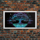 Norse Mythology Art, Synthwave Style Yggdrasil Tree of Life and the 9 Realms, Fantasy Art, Framed Canvas Print, Game Room Nordic Art