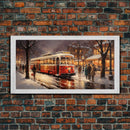 Retro Red Trolley Car Decorated For Christmas, Framed Canvas Print, Christmas Wall Art, Christmas Decor Mom Christmas Gift Christmas Village