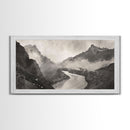 River Flowing through Mountain Valley, Black and White Framed Canvas Print for Farmhouse Bedroom Wall Art, Home Decoration, Scenic Nature