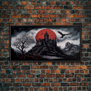 Horror Art, Haunted Castle and Blood Moon, Framed Canvas Print, Goth Art, Gothic Decor, Cool Wall Art