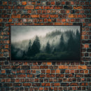 Morning fog over a mountain forest, framed canvas print, foggy pine tree landscape, framed wall art, misty mountain landscape art