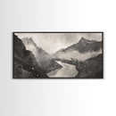 River Flowing through Mountain Valley, Black and White Framed Canvas Print for Farmhouse Bedroom Wall Art, Home Decoration, Scenic Nature