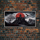 Horror Art, Haunted Castle and Blood Moon, Framed Canvas Print, Goth Art, Gothic Decor, Cool Wall Art