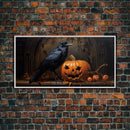Spooky Crow Print, The Raven and The Jack O Lantern, Halloween Wall Art, Victorian Oil Painting, Dark Academia, Goth Art