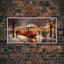 Retro Red Trolley Car Decorated For Christmas, Framed Canvas Print, Christmas Wall Art, Christmas Decor Mom Christmas Gift Christmas Village